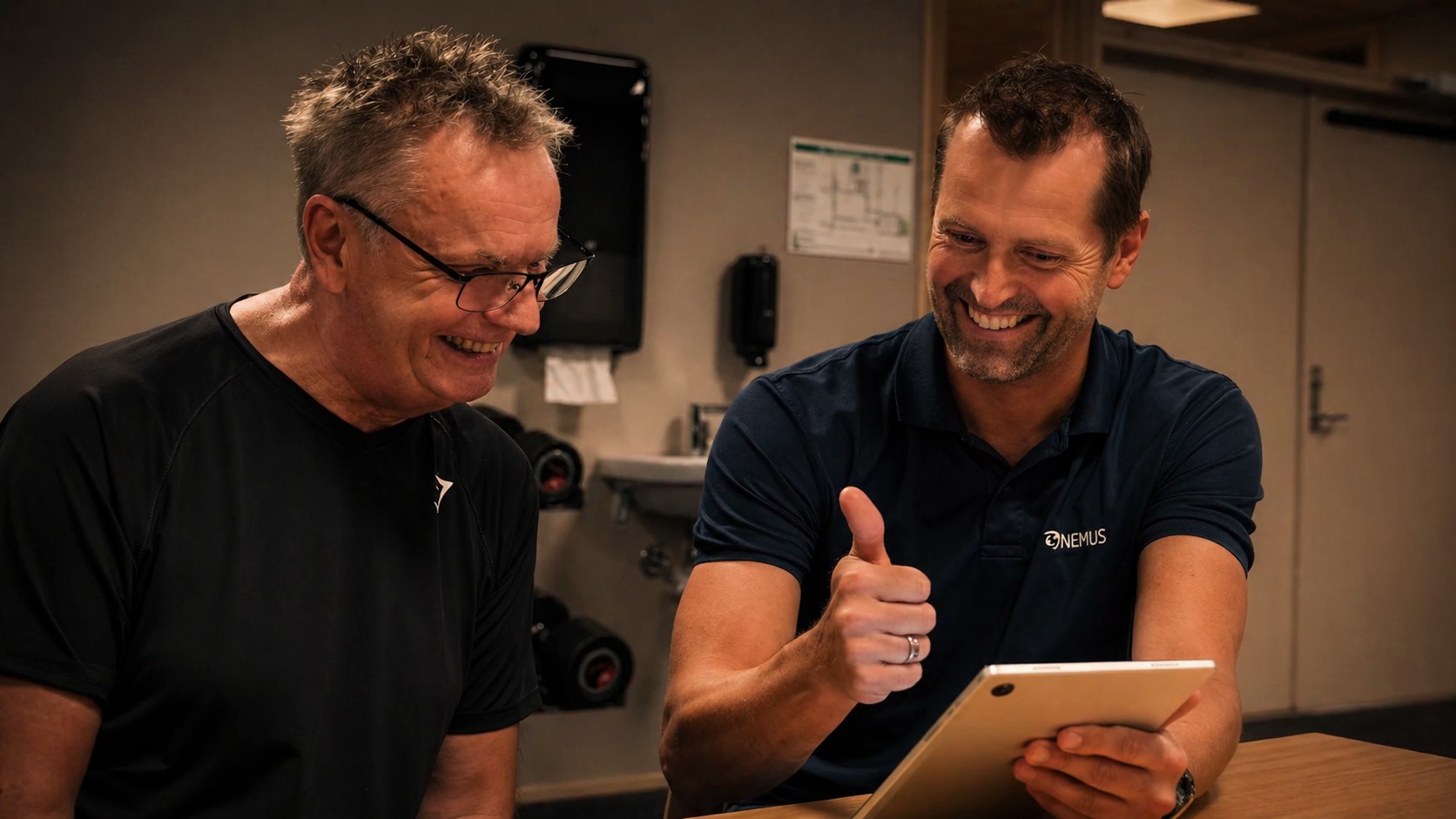 Two people review a result together on a tablet.