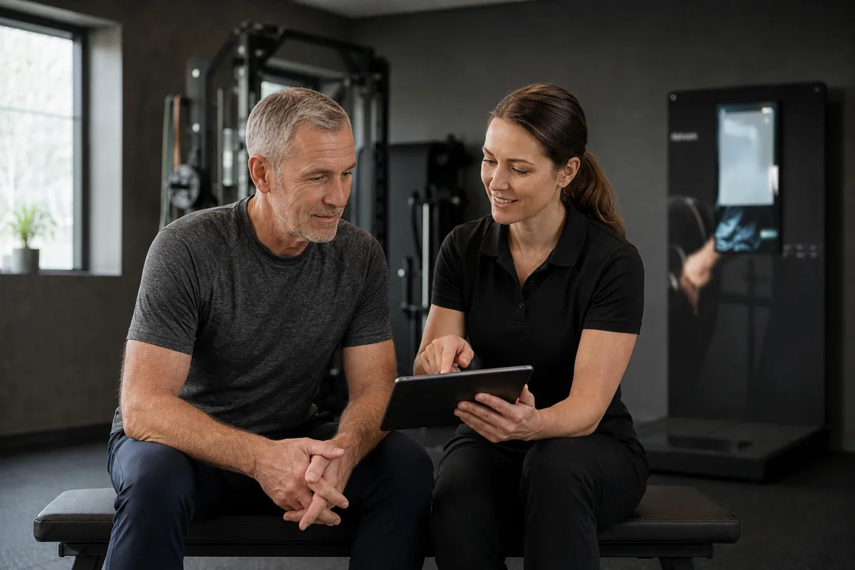 Illustration of a personal trainer and a gym member reviewing a tablet together.