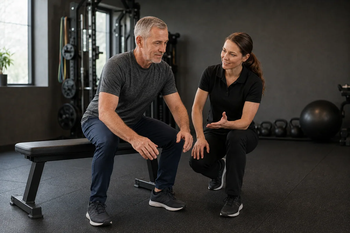 Illustration of a personal trainer coaching a gym member through a sit-to-stand exercise.