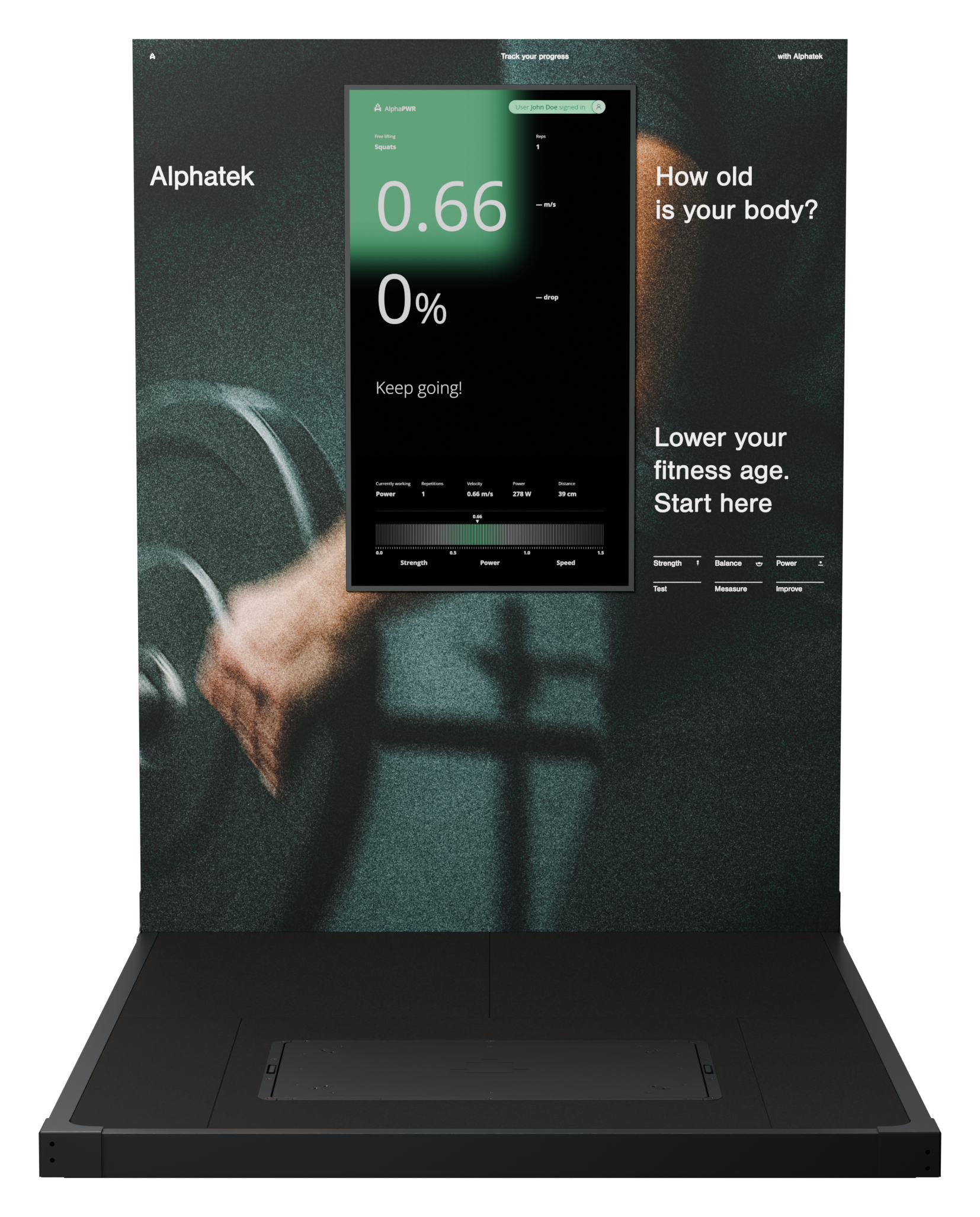 Alphatek Mini + med bakvegg: plattform med skjerm og trykt bakvegg.